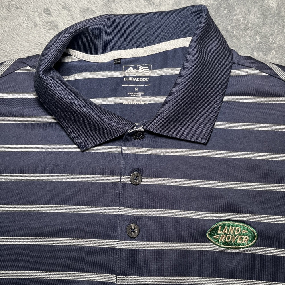 Adidas Clinacool Men's Polo Short Sleeve Shirt Blue/White Striped Landrover SZ M